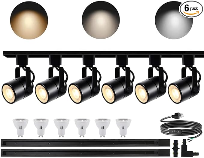 LED White Track Lighting Kit, 3CCT 10W Track Lights 3000K/4000K/6000K Adjustable with 6.56FT H-Type Track Rails 6PCS Ceiling Spotlight Fixture with Replaceable GU10 Bulbs