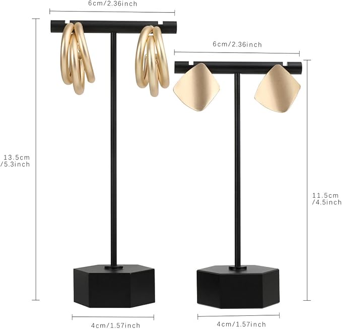 GemeShou Black Metal 2pcs Earring Display T Stand for Show, T Bar Jewelry Holder Tree for Retail Photography 【Black-Hexagon Base 2pcs Height 4.5" and 5.3"】