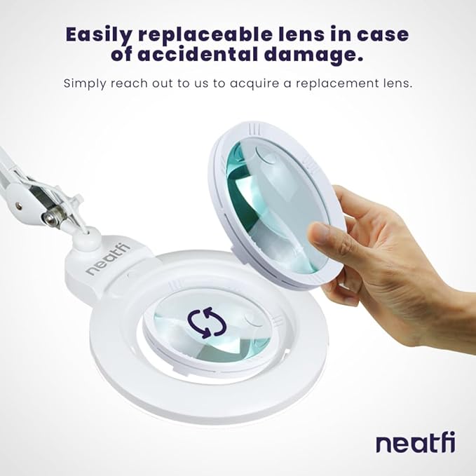 Neatfi XL Bifocal LED Magnifying Lamp, 7-Inch Acrylic Lens, 5D/20D Magnification, Hands-Free, Dimmable, 84 SMD LED, Adjustable Arm for Crafts, Reading, Close Work (White, with Base)