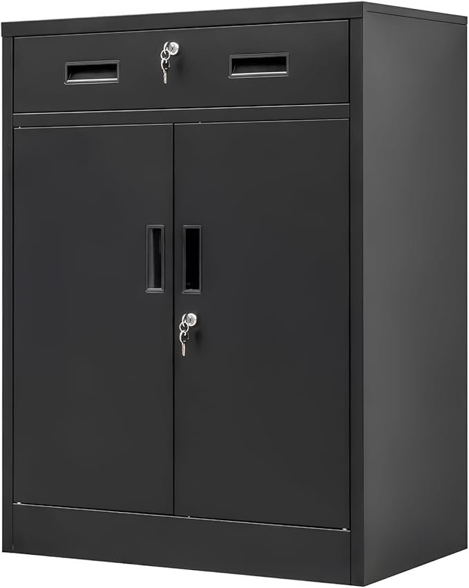 BESFUR 36" H Metal Cabinet with Lockable Drawer and 2 Lockable Doors, Black Locking Cabinet with Adjustable Shelf, Lockable Storage Cabinet for Home Office, Garage,School, Warehouse, Utility Room