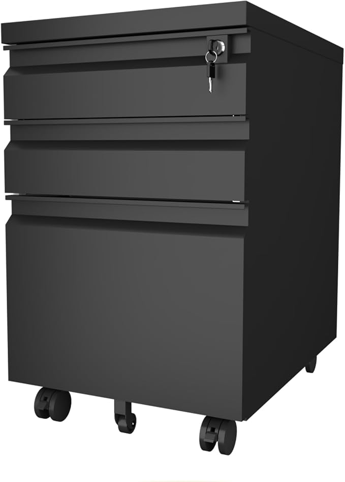 3 Drawer File Cabinet with Lock, Mobile Metal Filing Cabinet on Wheels, Under Desk Small Filing Cabinet for Home Office Storage, Letter/Legal/A4 Drawer Organizer with Anti-Tip Wheels (Black)