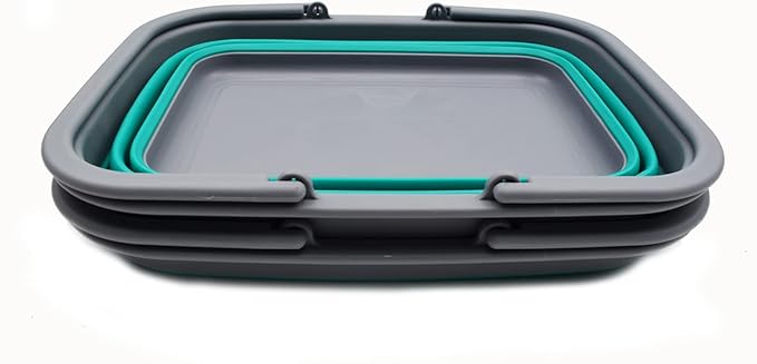 SAMMART 9.2L (2.37Gallon) Collapsible Tub with Handle - Portable Outdoor Picnic Basket/Crater - Foldable Shopping Bag - Space Saving Storage Container (Bluish-Green & Blue, 2)