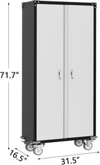 Metal Storage Cabinet with Lock-71 Tall Tool Organizer Steel Lockers w/Hanging Rod Metal Wardrobe Cabinet on Wheels for Home, Office, Warehouse, Garage
