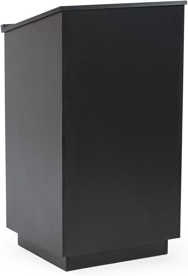 45.5" Tall Podium with Locking Cabinet, Inner Shelf, 25" Wide Angled Surface with Lip (Black)
