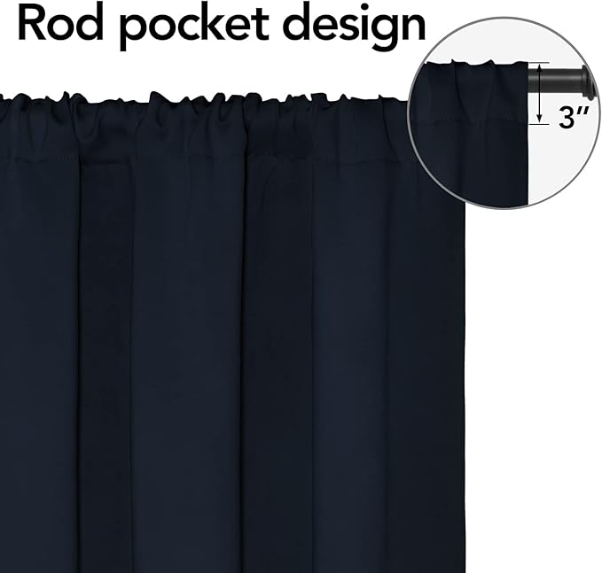 Easy-Going Rod Pocket Blackout Curtains for Bedroom, Room Darkening Window Curtains for Living Room, Thermal Insulated Noise Reduction Solid Window Drapes, 2 Panels(42x36 in, Navy)