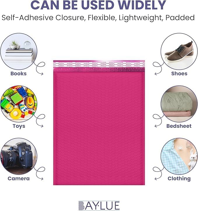 Hot Pink12.5x19.5 Inch Large Poly Bubble Mailers #6 | Padded Envelopes with Self Seal | Air Lined Cushioned Bubble Mailer | Usable Size 12.5x15 | 100 Pack Bulk | Lightweight shipping Bags