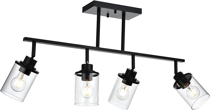 Yaohong 4-Light Black Farmhouse Track Lighting Fixtures Ceiling, Bathroom Track Lighting Kit Wall Light with Ajustable Heads, Kitchen Track Lighting Fixtures with Glass Shade for Hallway Shop