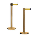 Montour Line MI650 Set of 2 Retractable Belt Barrier Stanchion, Cast Iron Base, Satin Brass Post (16 ft Yellow Belt)