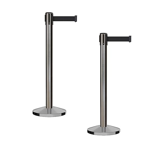 Crowd Control Warehouse CCW Series RBB-150 - Set of 2 Stanchion Retractable Belt Barriers - 16 Foot, Black Belt with Satin Stainless Steel Post - Easy Assembly