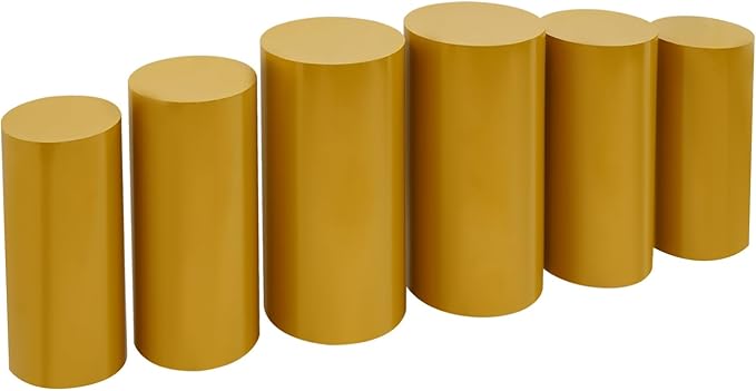 OUKANING 6 PCS Metal Display Pedestal Stands, Gold Cylinder Display Stands Pillars, Decoration Cube Sculpture Display Column for Wedding Party Baby Shower Birthday, H27.56'', 26'', 23.62''