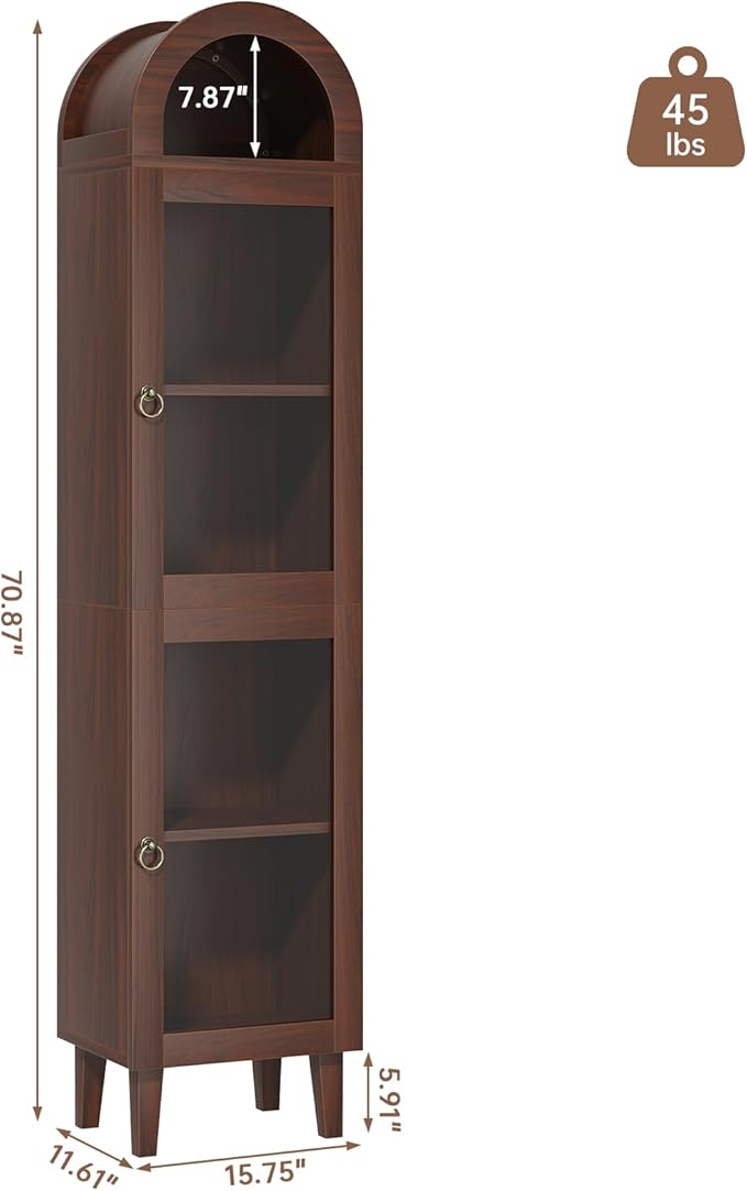 71” Tall Arched Pantry Cabinet with Glass Door, Display Cabinet Organizer, Versatile Pantry with Top-Opening Storage Container for Living, Kitchen Dining Room, Brown