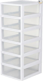 Sterilite 6-Pack 16 Quart Stacking Drawer, Clear Storage Closet Organizer, White Frame - Stackable Modular Plastic Drawers for Clothes, Accessories, Craft Supplies, Shoes or Linens