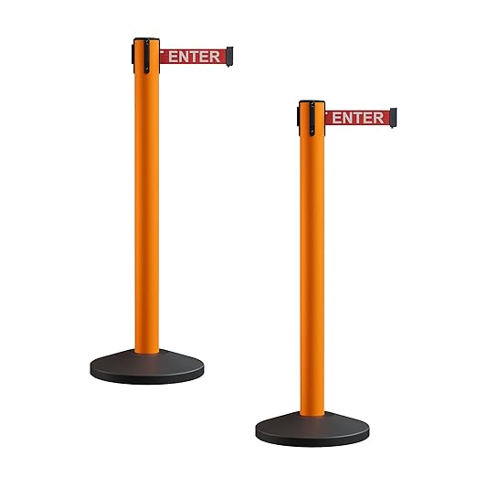 Crowd Control Warehouse CCW Series RBB-150 - Set of 2 Stanchion Retractable Belt Barriers - 16 Foot, Red"Caution - DO NOT Enter" White Letters Belt with Orange Post - Easy Assembly