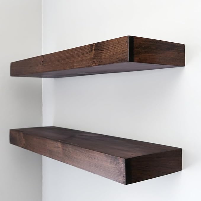 Urbandi Modern Floating Shelves 3 Inches Thick for Wall, Wide Shelves for Kitchen, Living Room, Bedroom, and Bathroom, Natural Pine Wood, Rustic Wooden Shelf, (Set of 2) (Provincial, 60Lx3Hx6D)