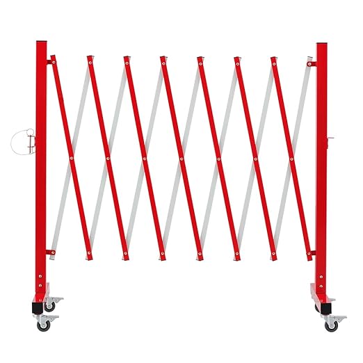 GYMTIME Easily Assembled Expandable Metal Barricade, 11 Feet, Red and White, Portable Safety Barrier with Casters, Flexible Fence Mobile Barrier Gate, Adjustable Traffic Fence