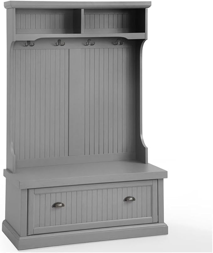 Pemberly Row Coastal Wood Hall Tree in Distressed Gray and Chrome