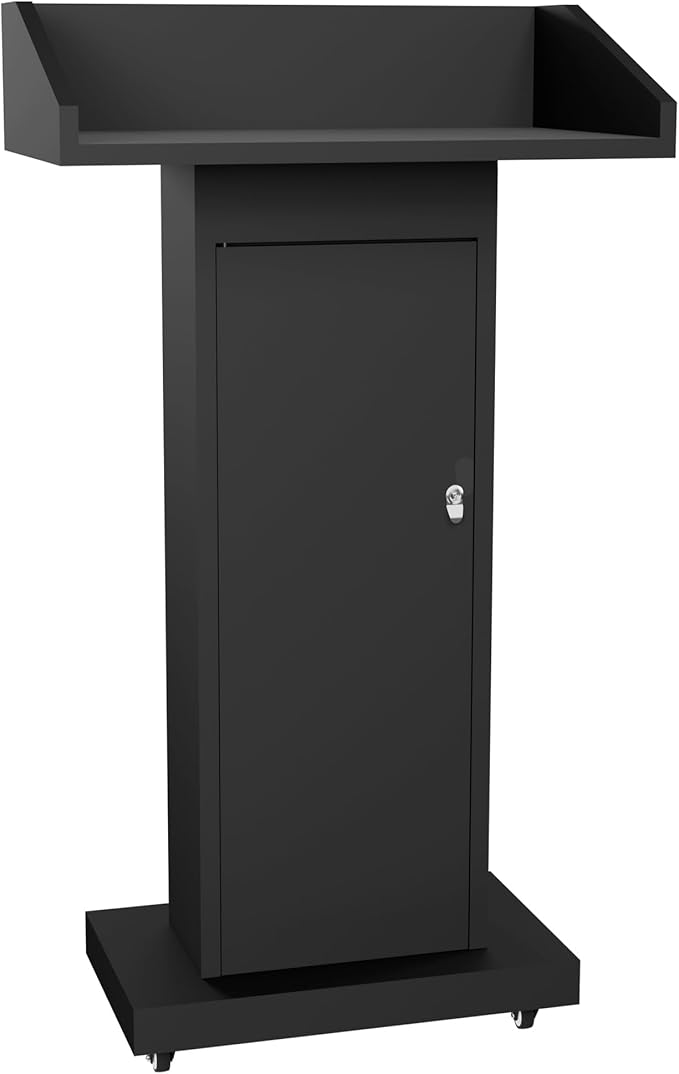 Tredre Podium Stand with Wheels for Lectern Presentation, Heavy-Duty Metal Pulpits for Offices, Classrooms, Conferences and Churches, Scratch-Resistant Surface, Hidden 2-Tier Storage, 46.5”H Black