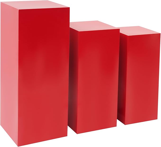3Pcs Metal Pedestal Stand for Party, Large Red Cake Stand, Pedestal Display Plinth Pillars for Wedding Ceremony Birthday Party Art Decor, Column Decorative Cube for Wedding Dessert Table Display