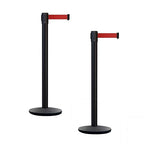 Montour Line MI650 Set of 2 Retractable Belt Barrier Stanchion, Cast Iron Base, Black Powder Coated Steel Post (16 ft Red Belt)