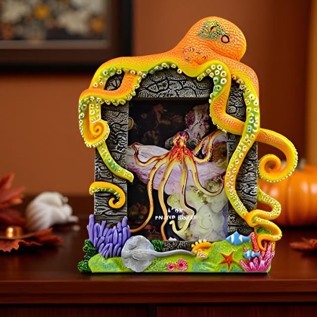 4″X6″Decorative Octopus Hand-Crafted resin Picture Frame for Tabletop. Deep sea Octopus Design Home Décor..Photo Gallery. Art. Octopus Figurine. More (4″x6″) (Orange)