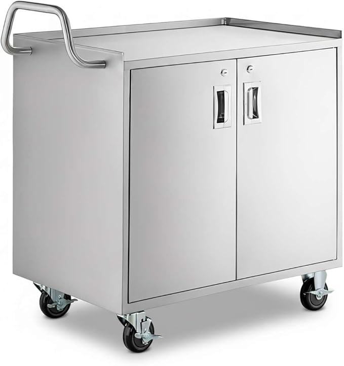 21" x 33" Commercial NSF Stainless Steel Utility Cart - 3 Shelf Enclosed Base with Locking Doors, Heavy-Duty Service Cart on Wheels for Kitchens and Catering