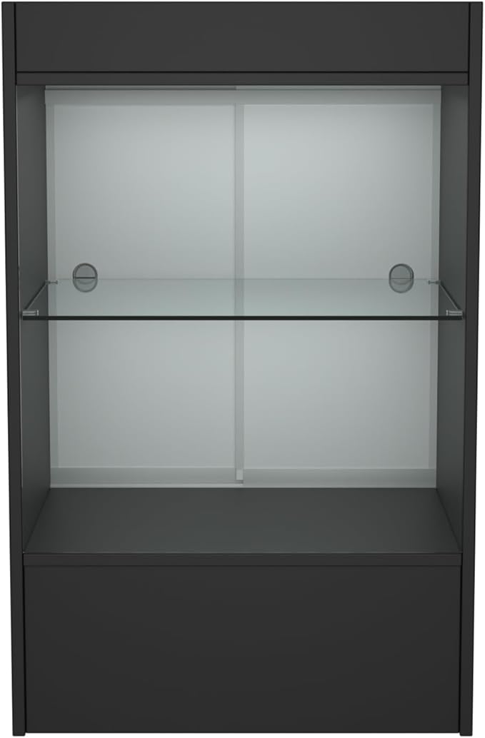 Glass Front Cash Register Stand – 24" W x 18" D x 38" H – Black Retail Counter with Sliding Glass Door & Locking Storage Cabinet