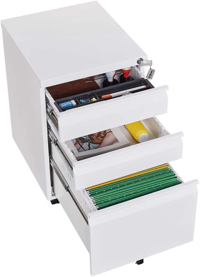 Lispin 3-Drawer Mobile Filing Cabinet with Lock, Office Storage Filing Cabinet of Legal/Letter Size, to be Installation Required (White + Metal + Modern)