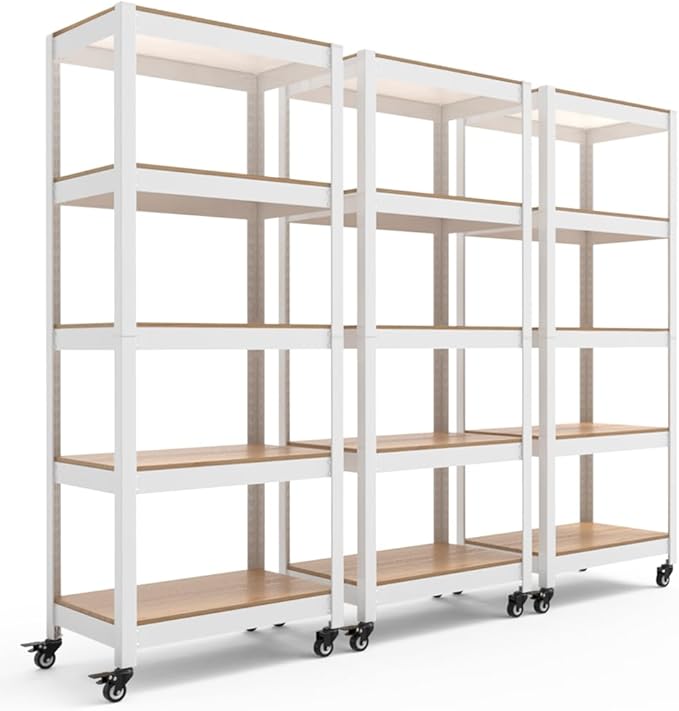 HOMEDANT House 5-Tier Metal Rolling Cart Shelf Rack Casters Heavy Duty Laminated Wheel Shelving Unit Adjustable Utility Storage Shelves Organizer Shelf Kitchen Garage (3, (S) 24.4" W, White)