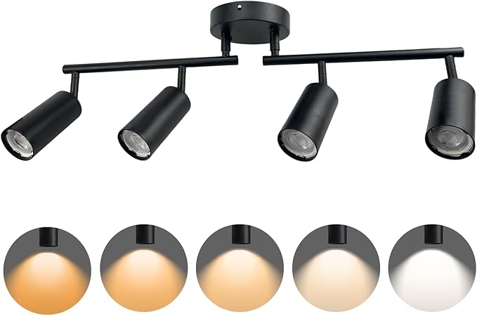 Jolux LED 4 Light Track Lighting Kit, Black 4 Way Ceiling Spot Lighting, Included 4 GU10 Bulbs 1100LM 5CCT Selectable,Flexibly Rotatable Light Head for Kitchen Cabinet Art Walls Hallway Living Room