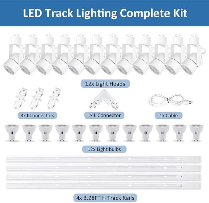 LED White Track Lighting Kit, 3CCT 10W Track Lights Heads 3000K/4000K/6000K Adjustable with 13.12FT H-Type Track Light Rails 12PCS Ceiling Spotlight Fixture Replaceable GU10 Bulb