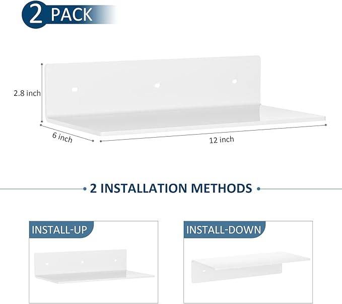 12 Inches Acrylic Wall Shelves 2 Pack, Floating Shelf for Wall Mounting, Acrylic Display Ledges for Funko Pop Figures, Home Décor, Living Room, Gaming Room, Plants(12 inch, White)