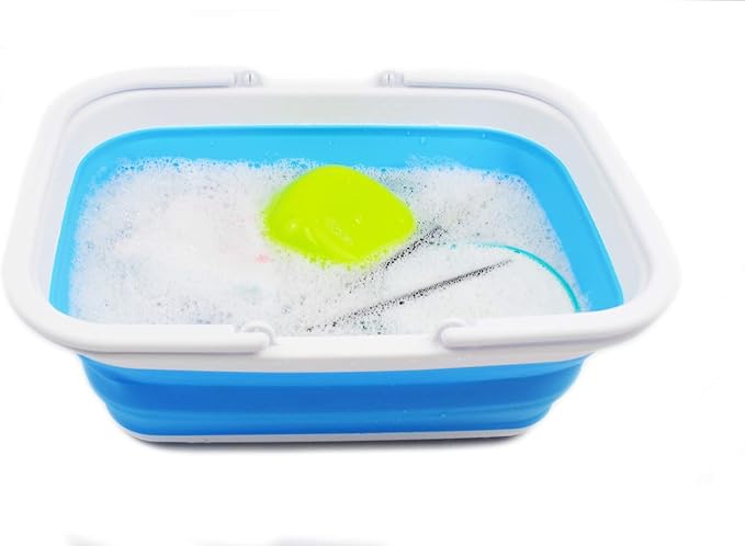 SAMMART 9.2L (2.37Gallon) Collapsible Tub with Handle - Portable Outdoor Picnic Basket/Crater - Foldable Shopping Bag - Space Saving Storage Container (1, White/Marine Blue)