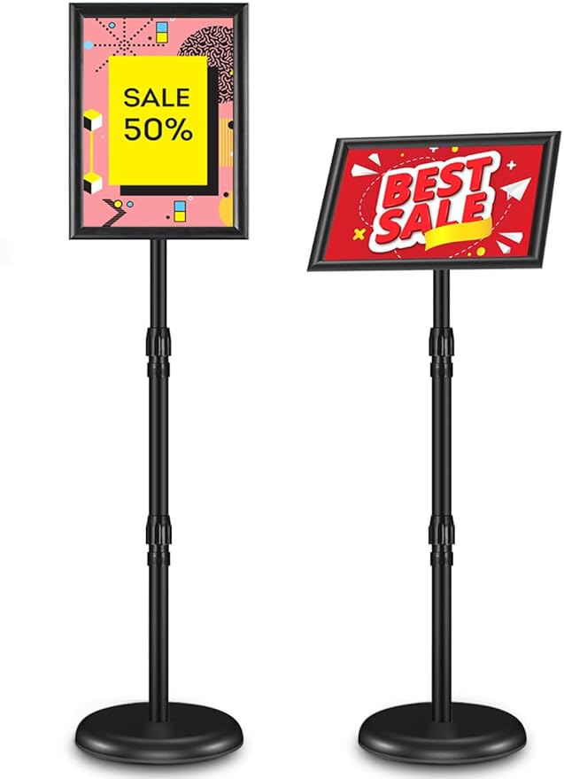 Adjustable Sign Holder Stand 8.5x11 inch, Floor Standing Sign Holder, 360° Rotation, Signage Stand with Snap-Open Frame Display, Outdoor Indoor Standing Display Sign Holders for advertising