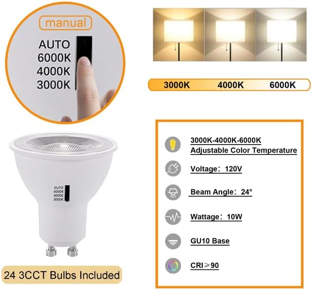 Dimmable 24-Pack GU10 Black Track Lighting Kit with Replaceable bulbs, All-in-One Plug in 3CCT Ceiling Spotlights with 26.2FT Track Rails, Accent Lighting for Home, Store, Moblie Cart and Office
