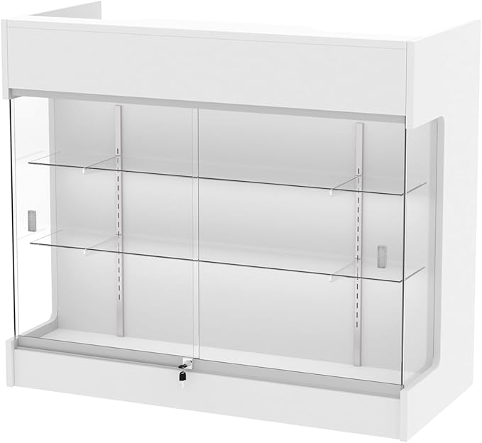 48" W x 22" D x 42" H - Tempered Glass Retail Display Case, White Reception Desk, Retail Checkout Counter with Lockable Drawers, Suitable for Offices, Retail Stores and Boutiques
