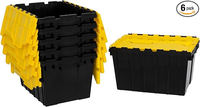 Akro-Mils KeepBox 12 Gallon Storage Container, Nesting and Stackable Plastic Storage Box with Lid Attached, Organizer Tote for Garages, Closets, Moving, 21-1/2" x 15" x 12-1/2", Black/Yellow, 6-Pack