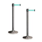 Crowd Control Warehouse CCW Set of 2 Retractable Belt Barriers Stanchion, Polished Stainless Steel Post, RBB-100 (11 Foot Belt, Light Green Belt)