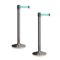 Crowd Control Warehouse CCW Set of 2 Retractable Belt Barriers Stanchion, Polished Stainless Steel Post, RBB-100 (9 Foot Belt, Light Green Belt)