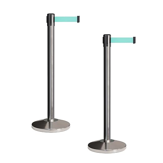 Crowd Control Warehouse CCW Set of 2 Retractable Belt Barriers Stanchion, Polished Stainless Steel Post, RBB-100 (9 Foot Belt, Light Green Belt)