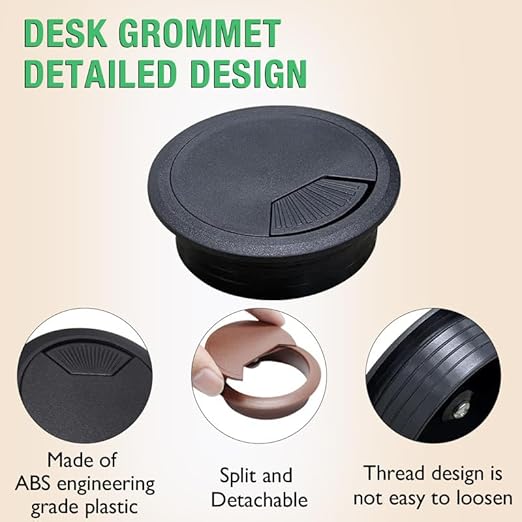 2 Pcs Desk Grommet 2-1/16" / 53 mm, Desk Cord Hole Cover, Cable Grommet ABS Plastic, Desk Hole Grommet for Home & Office Pc, Detachable Adjustable Cable Cord Organizer-Black