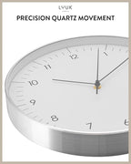 LUUK LIFESTYLE Modern Wall Clock Without Ticking, Pure Minimalist Design, legible Digits, Home Decor for Living Room, Office, in White and Silver