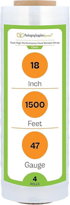 PSBM Stretch Wrap, 4 Pack, 18 Inch x 1500 Feet, 90 Gauge, Clear Plastic Cling, Cast Hand Stretch Film Rolls for Packaging Moving Packing Pallets