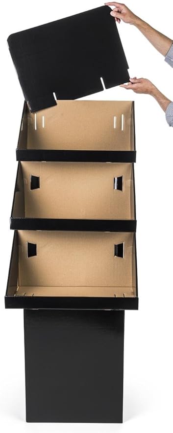 3-Tier Point-of-Purchase Display Bin for Floor, Free-Standing, Black Corrugated Cardboard, Easy Setup - Sold in Sets of 3