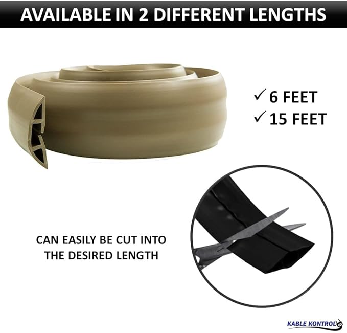 Kable Kontrol Floor Cord Cover kit - 15 Feet Long Black Plastic Cable Protector, Hides Cords and Conceals Wires, for Extension Cord Cable Management, Channel Size 0.75” W x 0.43” H