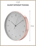 LUUK LIFESTYLE Timeless Wall Clock with Silent Movement and no Ticking, Elegant Design, for Children's Room, Living Room, Bathroom, 12”, White and Rosegold