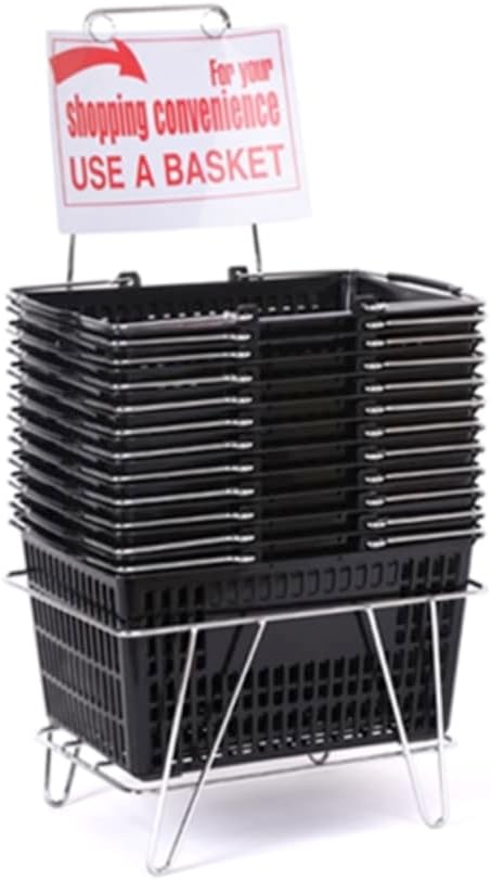 Only Hangers Shopping Basket Set of 12 Durable Red Plastic with Sign and Stand - Available in Black, Green, Blue, and Yellow (BLACK)
