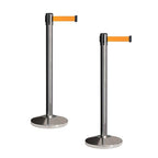 CCW Set of 2 Retractable Belt Barriers Stanchion, Polished Stainless Steel Post, RBB-100 (7.5 Foot Belt, Fluorescent Orange Belt)