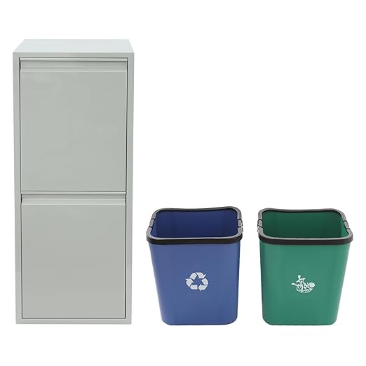 Recycling Trash Cabinet with 2 Bins & Tilt-Out Door – 15-Gallon Stainless Steel Organizer for Kitchen, Garage – Dual Waste Sorting System for Homeowners (Grey)