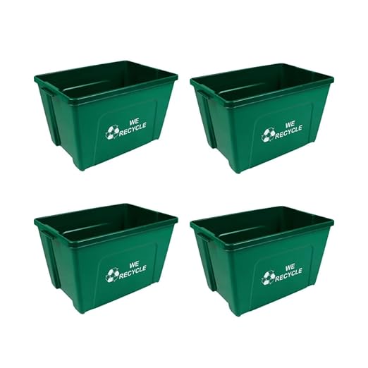 Curbside 18 Gallon Green Recycling Bin with Carrying Handles for Homes or Businesses for Curb Recycling - Four Pack of Bins - Green