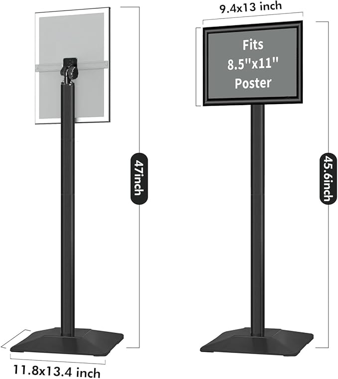 Heavy Duty Adjustable Pedestal Poster Sign Stand, 8.5x11 Aluminum Open Floor Standing Sign Holder for Vertical and Horizontal View Display (8.5x11,Black)